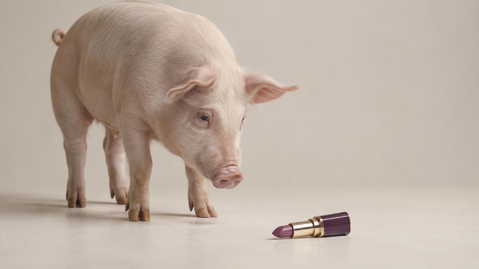 A curious pig looking at an untouched purple lipstick on the floor